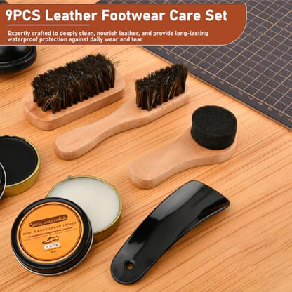 9-in-1 Shoe Polish Kit with 3 Brushes, 2 Shoe-Polishes and more, Shoe-Shine-Kit for Leather Shoe Boot Cleaning and Care(COLOR:Brown)