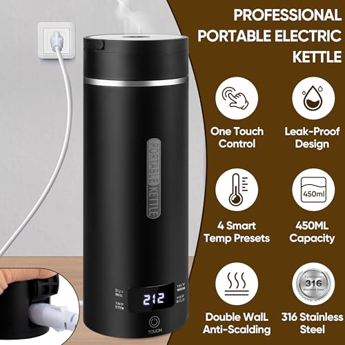 Travel Electric Kettle Portable Small Hot Water Boiling Tea Coffee Warmer Heater 450ML, 316 Stainless Steel, 4 Temperature Presets LCD Display Fast Boiler & Auto Shut-Off & Boil Dry Protection (Black) - color: Black