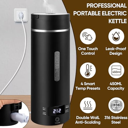 Travel Electric Kettle Portable Small Hot Water Boiling Tea Coffee Warmer Heater 450ML, 316 Stainless Steel, 4 Temperature Presets LCD Display Fast Boiler & Auto Shut-Off & Boil Dry Protection (Black) - color: Black