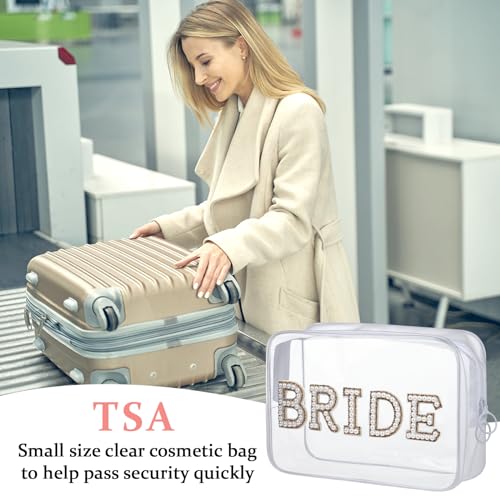 Etercycle Bride Clear Makeup Bag, Bridal Shower Gifts Engagement Cosmetic Bag, Bling Pearl Rhinestone Letter Patches Waterproof PVC Travel Organizer for Women Wedding Bachelorette Party (Gold) - color: Gold, style: Bride