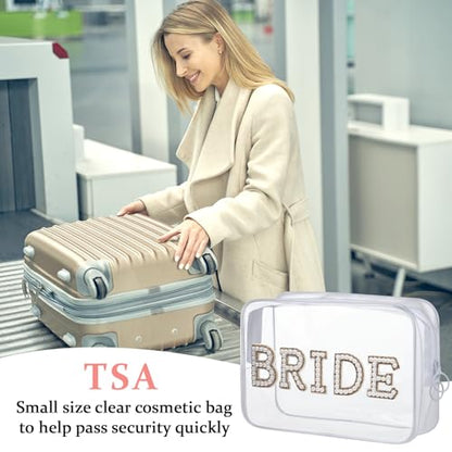 Etercycle Bride Clear Makeup Bag, Bridal Shower Gifts Engagement Cosmetic Bag, Bling Pearl Rhinestone Letter Patches Waterproof PVC Travel Organizer for Women Wedding Bachelorette Party (Gold) - color: Gold, style: Bride