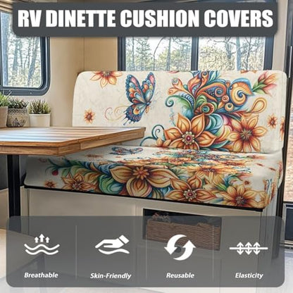 Rv Dinette Cushion Covers Lightweight Furniture Protector for Rv Camper Car Bench Cover with Boho Flower Butterfly Print - Rv Couch Cover Replacement for Rv Camper - color: Boho Flower Butterfly