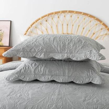 HoneiLife Quilt Set Queen Size - 3 Piece Queen Quilt Bedding Set Microfiber Quilt Sets Lightweight Bedspreads Reversible Coverlets Retro Bed Cover Floral Bedding Set All Season Quilts-Light Grey - color: Grey, size: Queen/Full-90"x96"