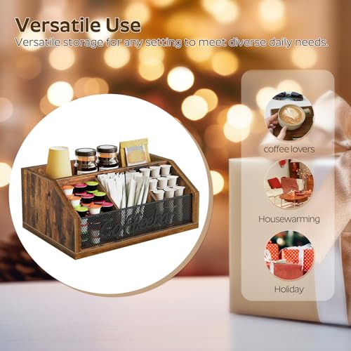 YATINEY Coffee Pod Organizer, Wooden Coffee Bar Organizer for Countertop, Versatile Pod Holder with Dividers, Holds Syrup, Cups, Tea Bags, Easy Assembly, Rustic Brown KH11BR - color: Rustic Brown + Black