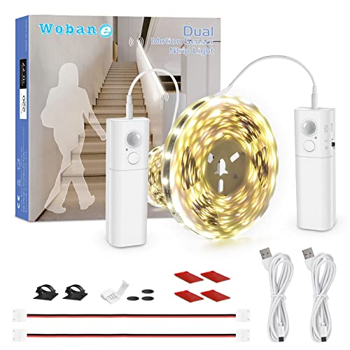 WOBANE Dual Motion Sensor Stair Lights Strip, Rechargeable 16.4ft LED Strip Lighting,150 LEDs Cuttable Tape Light for Hallway,Under Cabinet,Cupboard,Shelves,Gun Safe,Flexible,6000K White - color: White, size: 16.4ft White