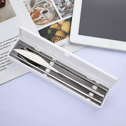 DEVICO Travel Utensils with Case, Portable Silverware Set for Work, 5Pcs 18/8 Stainless Steel Reusable Cutlery with Silicone Slots, Korean Chopsticks Fork and Spoon Set for Lunch, Camping, School