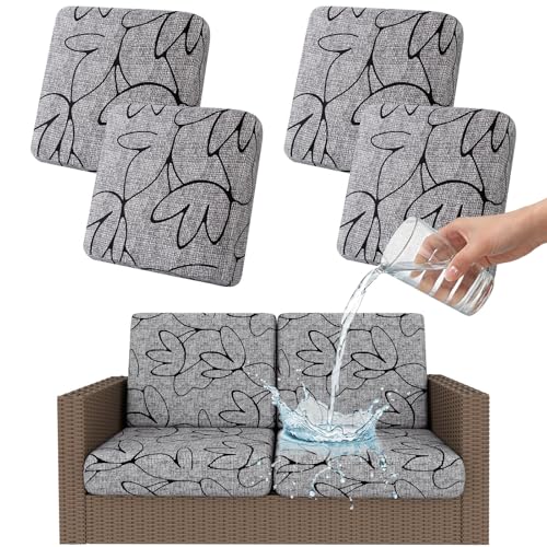Smiry Waterproof Patio Cushion Covers, Stretch Outdoor Couch Slipcovers Replacement Washable Furniture Protector Sofa Chair Seat Cover for Dogs and Pets (4 Pcs, Grey and Black) - color: Grey and Black, size: 4PCS