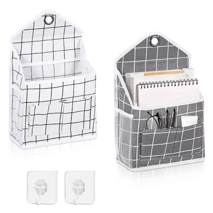 2PC Wall Hanging Storage Bag Organizer Baskets Caddy Closet (Grey+Beige) | Over The Door Hanging Basket with Pockets and Adhesive Hooks Wall File Organizer for Bedroom Kitchen Office Dormitory