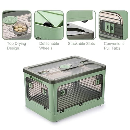 2 Pack Plastic 4 Doors Collapsible Storage Bins with Lid & Wheels, 36 Liters Folding Storage Bins, Stackable Multifunctional Box for Camping Clothes Snack Storage