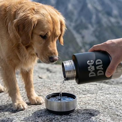 Dog Water Bottle 32oz, Insulated Stainless Steel Travel Water Dispenser with 2 Detachable Dog Bowls for Food and Water, Leak Proof Portable Pet Drinking Cup for Walking Hiking Camping - color: black dog dad