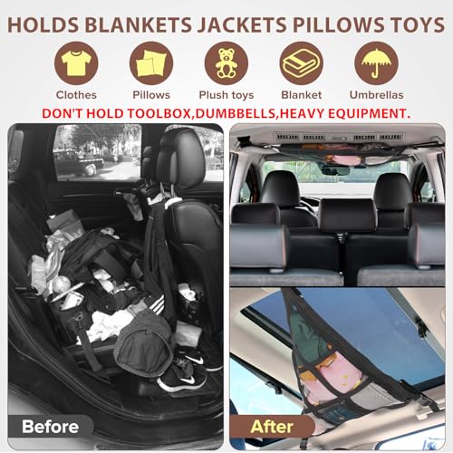 3 Handle Car Ceiling Cargo Net for SUV Roof Storage | Large 35.4" x 23.6" Perfect for road trips, camping, family travel and car organization,No tools required - size: 35.4"x23.6"