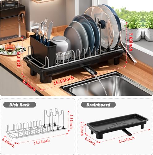 SanDream Small Dish Drying Rack with Removable Utensil Holder & Anti-Scratch Base - Stainless Steel Dish Rack, Dish Drying Rack with Drainage & Space Saving Design for Kitchen Counter, Black - color: Black