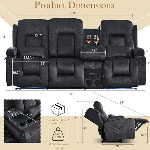 TUNYI Power Loveseat Recliner Sofa with Massage & Heat Home Theater Seating with Console RV Recliner Loveseat Sofa with USB/Storage/Side Pocket/LED Light/Speaker (Grey, 3 Seat with Console) - color: Grey, size: 3 Seat with console