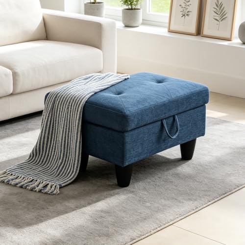 Linen Storage Ottoman Footstool Bench for Living Room Furniture,28.5" Large Square Foot Rest Stool Coffee Table,Linen Sofa Chair for Home Decor,Living Room,Bedroom,Apartment,Rv Car(Blue) - color: Blue Linen 28.5
