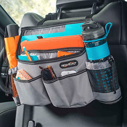 High Road SwingAway Front Seat Car Organizer for Daily Driving Essentials with Side Bottle and Cup Holders - color: Gray