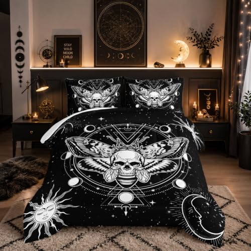 HOSIMA Death Moth Skull Heads Boho Comforter Set - Queen Size Horror Theme Halloween Bedding, Sun and Moon Print for Teens Boys Girls Room Decor, Fluffy Lightweight Gothic Bedding with 2 Pillowcases - color: Black-white, size: Queen