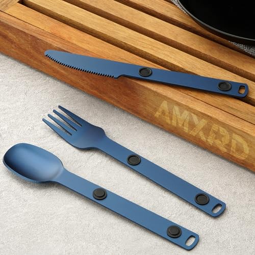 Magnetic Camping Utensils Set, Portable & Reusable Metal Travel Flatware, Camping Cutlery Set, Knife, Fork & Spoon, 3-PACK, Blue - color: Blue