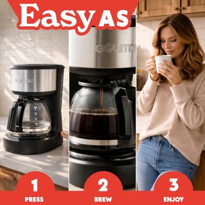 Gourmia 5 Cup One-Touch Drip Brew Coffee Maker – Pause and Serve, Automatic Keep Warm, Easy View Water Window, Compact, Stainless Steel Accents, Black