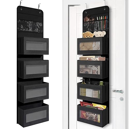 Giraffe Creation Black Over Door Organizer with 4 Large Clear Pockets, Hanging Door Storage for Closet, Bathroom, Bedroom, Dorm, Nursery, Toys, Toiletries, Cosmetics - color: Black