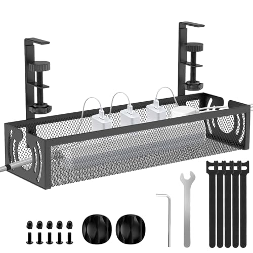 Cable Management, 15'' Under Desk Cable Management Tray No Drill, Metal Cable Organizer with Clamp for Wire Management, Cord Organizer for Home Office, Desk Accessories Organizer, Black - color: Black, size: 15 inch