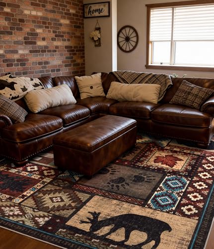YIHOUSE Rustic Cabin Area Rug 6x9,Machine Washable Lodge Bear Rug,Non-Slip Low Pile Print Pattern Southwestern Rug for Living Room Bedroom - color: Brown, size: 6' x 9' (Rectangular)