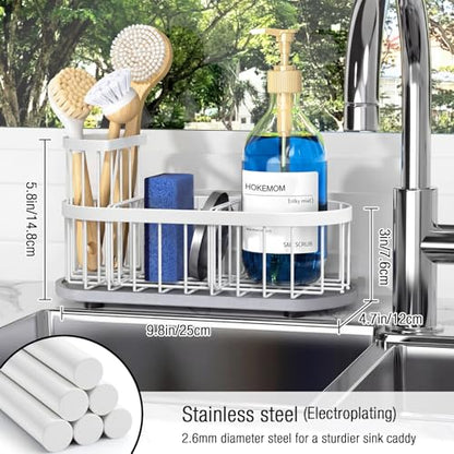 Sponge Holder for Kitchen Sink with High Brush Holder, [Stay-Dry Anywhere & No Drainage Needed] Rustproof Stainless Steel Kitchen Sink Caddy Organizer with Water Absorbing Stone Tray, White - color: White