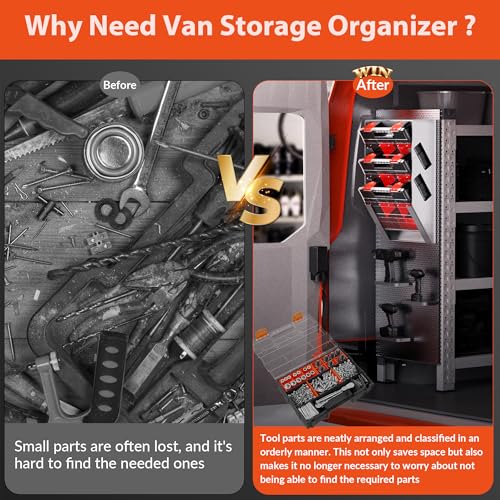 Hanging Tote Kit for Van Shelving Storage, Work Van Organizers and Storage Boxes, 3 Small Parts Tool Box Organizer 63 Compartments and 1 Metal Hanging Organizer Holder, Van Shelf Accessories