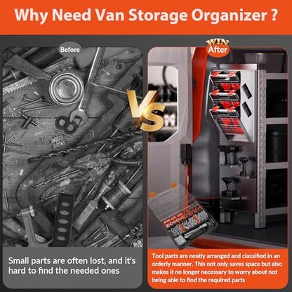 Hanging Tote Kit for Van Shelving Storage, Work Van Organizers and Storage Boxes, 3 Small Parts Tool Box Organizer 63 Compartments and 1 Metal Hanging Organizer Holder, Van Shelf Accessories