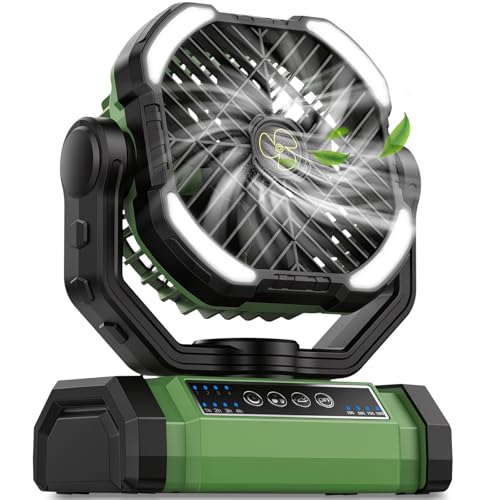 Camping Fan Rechargeable, Large Capacity Battery Powered Fans, 270° Adjustable Rechargeable Fan Portable with LED Light, 4 Speed Cordless Battery Operated Fans with Hanging Hook for Beach Tent Outdoor - color: Green