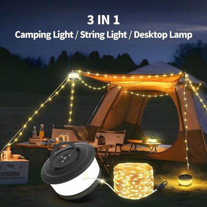2pcs Camping String Lights,2 in 1 Upgraded 32.8FT Rechargeable Tent Lights String with 19 Lighting Modes,Quick Storage camping lights，Portable LED Lamp for Bedroom Yard Decor Christmas (Black) - style: Black(2 Pack)