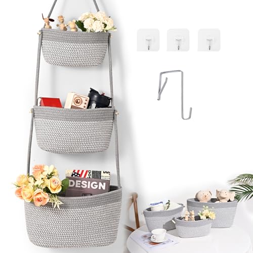 Hanging Basket, 3-Tier Woven Wall Basket with 4 Hooks, Cotton Rope Storage Baskets, Over the Door Organizer for Nursery, Bedroom, Cottage and Boho Wall Decor - color: Gray, size: Classic