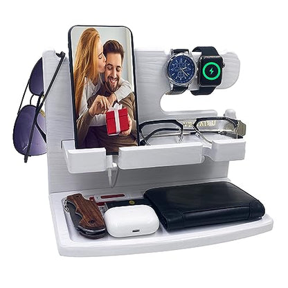 VEIYAILU Gifts for Women Girlfriend Him Men Dad Husband Boyfriend Nightstand Organizer Wood Phone Docking Station(White) - color: white