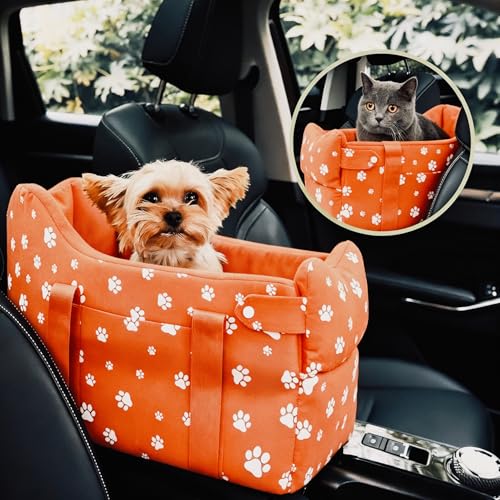 Center Console Dog Car Seat, Tomato Red | Safe Travel for Small Dogs Under 15 lbs, Detachable Washable Pet Carrier, Storage Pockets, Safety Leash - color: Tomato Red