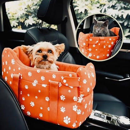 Center Console Dog Car Seat, Tomato Red | Safe Travel for Small Dogs Under 15 lbs, Detachable Washable Pet Carrier, Storage Pockets, Safety Leash - color: Tomato Red