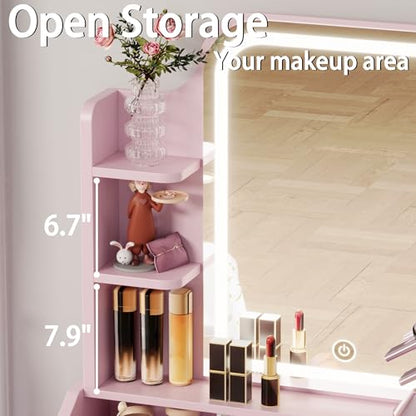 LIKIMIO Small Makeup Vanity Desk with Mirror and Lights, Vanity Table Set with Storage Drawer, Chair and Three Shelves, Bedroom, Pink - color: Pink