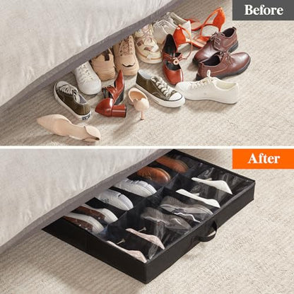 Lifewit Under Bed Shoe Storage Organizer 1 Pack(12 Shoes Cells+4 Boots Cells), 4.3 Inches Profile Fabric Shoes Container Box with Clear Cover, Foldable Storage Bag with 2 Handles, Fits 10 to 16 Pairs - style: 12 Shoes Cells+4 Boots Cells