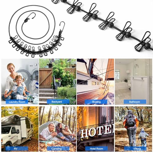HAWATOUR Clothesline Camping Essentials, Portable Retractable Clothesline with 12pcs Clothespins Outdoor Camping Accessories Travel and RV Essentials, Black