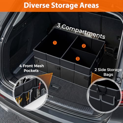 Goplus Collapsible Trunk Organizer, 13 Gallon Foldable Car Storage Organizer with Extenable Compartments, Pockets, Securing Straps, for SUV Van Sedan Truck, 22" x 16" x 10" - size: 13 Gallon （50L）