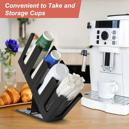 Paper Cup and Lid Holder with Straw Organizer,4 Compartment Adjusting,Coffee Cup Dispenser for Countertop,Coffees Station,Bar Restaurant,Black