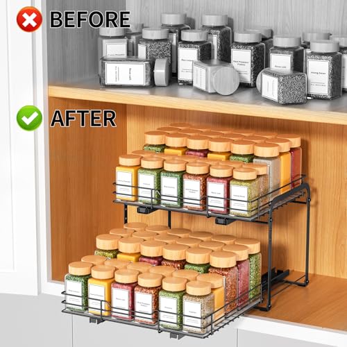 RCHYFEED Spice Rack Organizer for Cabinet, 2 Tier Slide out Spice Organization for Inside Cabinets & Pantry, Heavy Duty Adjustable Metal Spice Racks for Seasoning Organizer (13.5" Wx10.5 Dx9.5 H) - size: 2 Tier-13.5''Wx10.5''Dx9.5''H
