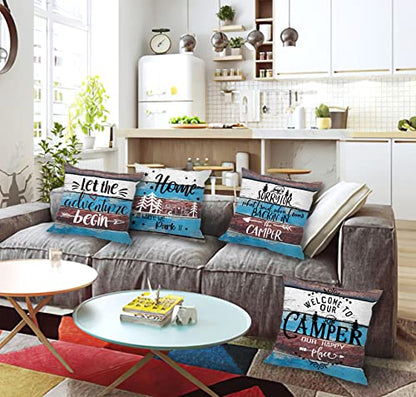 Rustic Welcome to Our Camper Let The Adventure Begin Throw Pillow Cover Pillowcase 18x18 Inch (Set of 4) Decor, Camper Rv Farmhouse Sofa Bed Bedroom Home Decoration