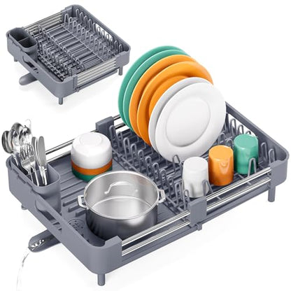 TOOLF Dish Drying Rack, Expandable Dish Rack for Kitchen Counter, Anti-Rust Dish Drainer, Sink Organization and Storage Essentials with Cutlery & Cup Holder, Gray - color: Gray