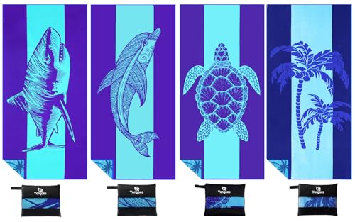 Yongoes 4 Pack Microfiber Lightweight Thin Beach Towel Sand Free Quick Dry Super Absorbent Large Towels for Swimming Pool Yoga Gym Travel Vacation Beach Accessories Essentials for Adults - color: 4 Pack Turtle Shark Dolphin Palm