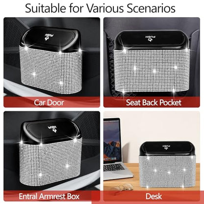 NBTEPEM Bling Car Trash Can with Lid - 2 Pack, Mini Auto Garbage Can with 60 Trash Bags, Automotive Garbage Container Bin, Bling Car Accessories Trash Can for Women (Silver Diamond) - color: Silver Diamond