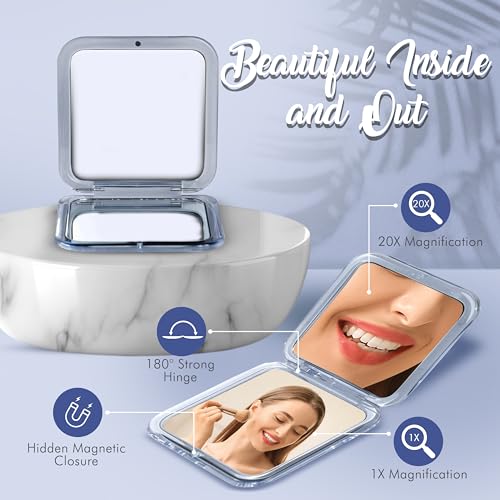 MIRRORVANA Small Compact 20X Magnifying Mirror for Travel - Handheld, Foldable & Lightweight - Mini Pocket-Sized Magnified Mirror for Purse - Square 3.3” x 3.3”