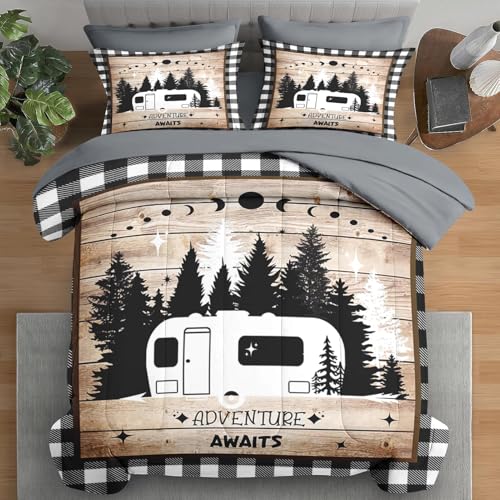 Pamnest Comforter Set Queen Size, Camper Rv Camping 7 Pcs Bedding for Kids and Adults, Car Bed Sheet Sets with Fitted Sheet 2 Pillowcases & 2 Shams for Bedroom Bed Decor - color: Campervan, size: Queen