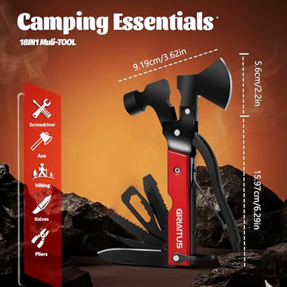 Multitool Camping Accessories Gifts for Men Survival Gear 18 in 1 Camping Multi Tool with Axe Hammer Saw Screwdrivers Pliers Bottle Opener Stocking Stuffers Gifts for Men Dad Him - color: Red