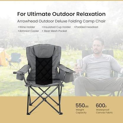 ARROWHEAD OUTDOOR 2-Pack Portable Deluxe Folding Camp Quad Chair w/Headrest, Glass & Cup Holders, Armest 6-can Cooler, Heavy Duty Carry Bag, 550 lbs Weight Capacity - color: Grey 2pack