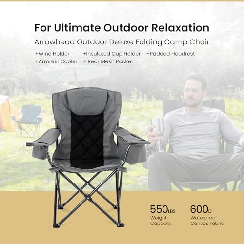 ARROWHEAD OUTDOOR Portable Deluxe Folding Camp Quad Chair w/Headrest, Glass & Cup Holders, Armest 6-can Cooler, Heavy Duty Carry Bag, 550 lbs Weight Capacity - color: Grey
