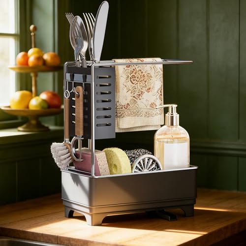 MOUKABAL Sponge Holder for Kitchen Sink, 2-Tier Sink Caddy Organizer with Drain Holes and Hooks, Holds Dishcloth, Sponge & Brushes, Kitchen Countertop Storage for New Home Essentials Grey - color: Grey 2